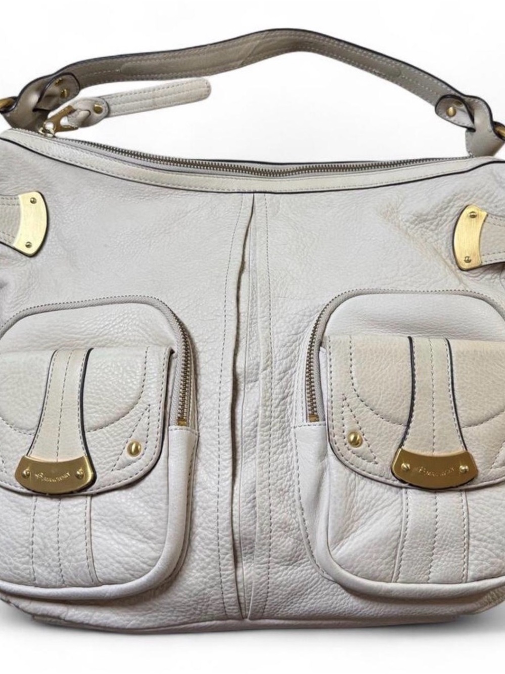 b. makowsky Cream Leather Shoulder Bag with Dual Front Pockets